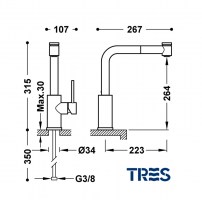 MEDIDAS MONOMANDO COCINA EXTRAIBLE MAX GRIFERIA TRES